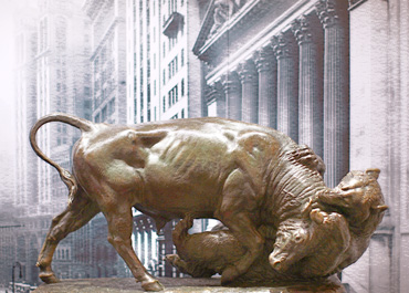 A bronze statue of a bull fighting with a bear is displayed at the Museum of American Finance on Oct. 7 on Wall Street in New York.